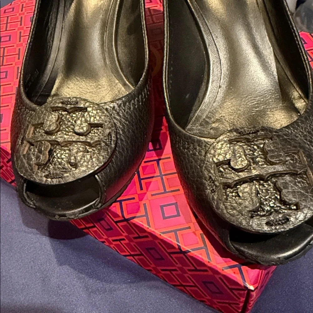 Tory Burch Black Peep Toe wedges, tumbled  leather, good condition, Sally 2